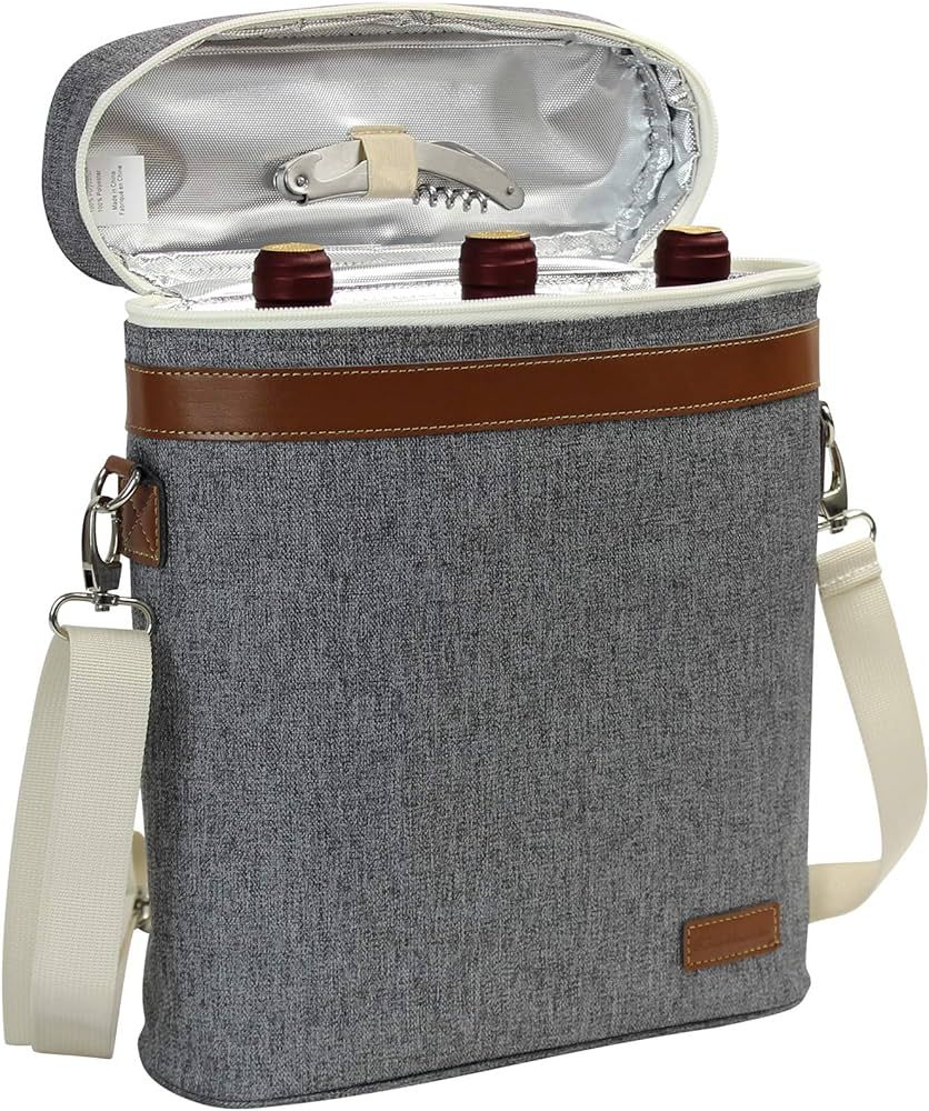 3 Bottle Insulated Wine Tote Cooler Bag, Portable Wine Carrier with Corkscrew Opener and Shoulder... | Amazon (CA)