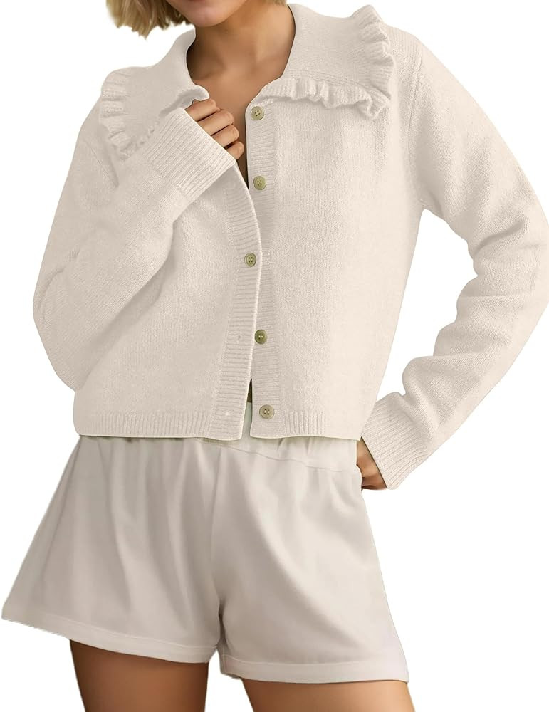 MISSACTIVER Women Ruffle Collar Cropped Cardigan Casual Lapel Button Down Sweaters Long Sleeve Op... | Amazon (US)
