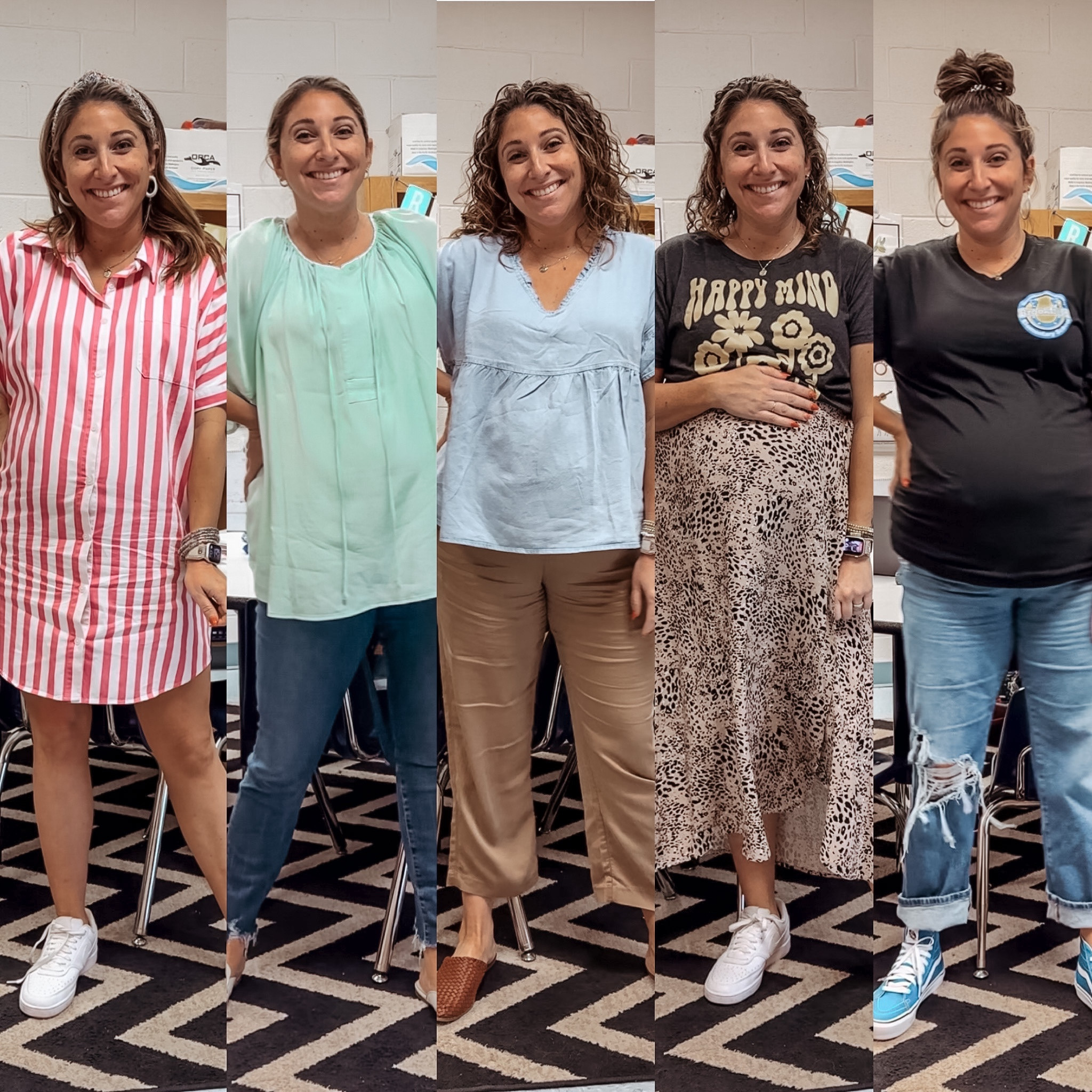 Weekly teacher ootd! Sizing from left to right!
Dress XL / top XL / jeans 14 (with belly band) / top (maternity) L / pants L / tee XL / skirt XL / school tee L / jeans 14 (with belly band / white sneakers size half size down / mules tts / vans tts

#LTKworkwear #LTKbump #LTKstyletip
