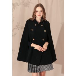 Double-Breasted Cape Coat in Black | Chicwish