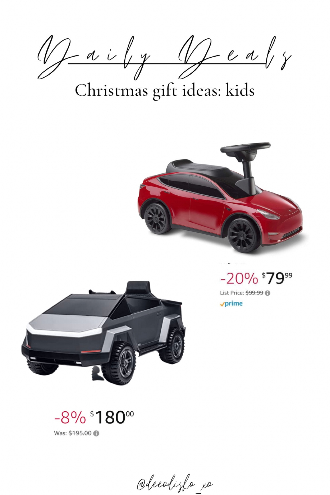 Amazon Prime Deals // Christmas gift ideas for kids/toddlers! 

#teslakids #kidsmodel3car #teslamodel3kids #kidscar #toddlercar #kidscybertruck #cybertruckkids #amazondeals #amazonprimedeals #giftideas #giftideasforkids #giftideasfortoddlers #amazonkidsfinds #amazonfinds #kidsgiftguide #toddlergiftguide #giftguide

#LTKkids #LTKsalealert #LTKGiftGuide