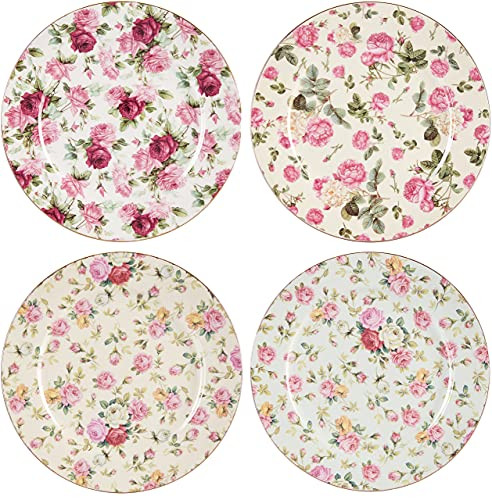 Gracie China Rose Chintz Porcelain 8-Inch Dessert Plate Set of 4, Assorted Four Designs | Amazon (US)