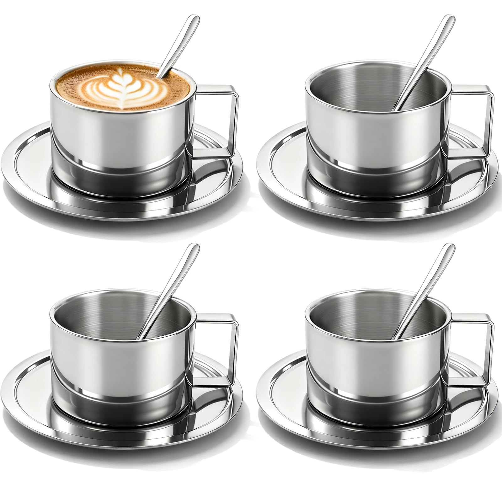 ZENFUN 4 Pack 6.8 oz Coffee Cups Set, 18/8 Stainless Steel Espresso Cup with Saucer and Spoon, Cu... | Amazon (US)