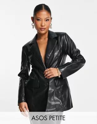 ASOS DESIGN Petite fitted leather look blazer in black | ASOS (Global)