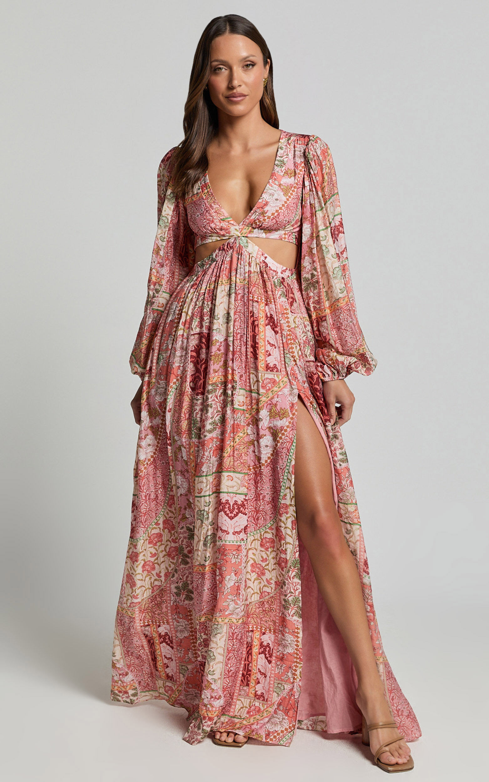 Shari Midi Dress - V Neck Cutout Full Skirt Dress in Peach | Showpo (US, UK & Europe)