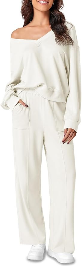 Fiosew Womens 2 Piece Sweat Set Sweatsuits V Neck Sweatshirt Pocketed SweatPants Casual Sport Tra... | Amazon (US)