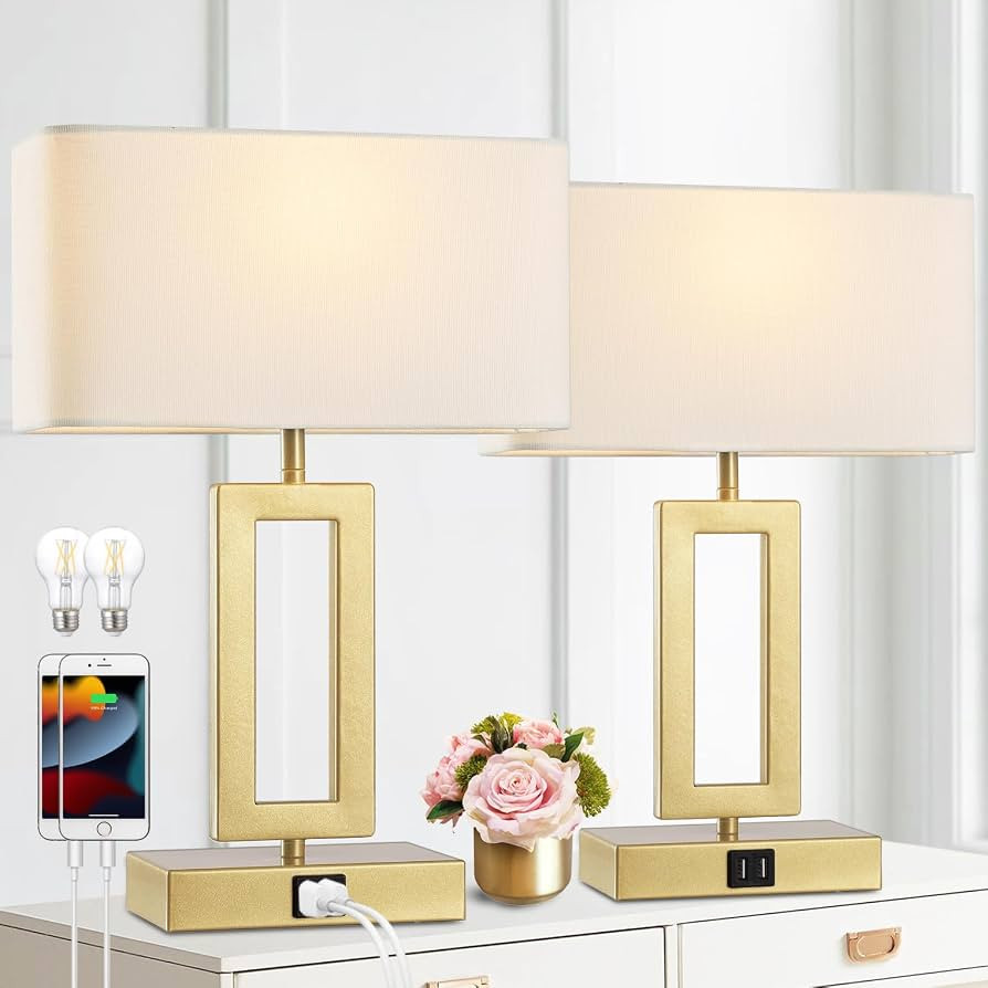 gernehop Gold Table Lamps Set of 2 with Dual USB Ports,3-Way Dimmable Touch Control Bedside Lamps... | Amazon (US)