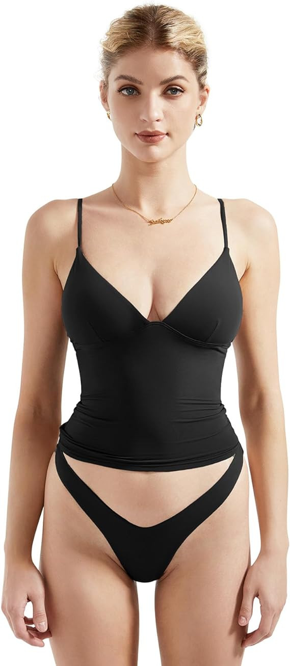 SUUKSESS Women Sexy Deep V Neck Sleeveless Fitted Basic Tops Y2K Tank Top Cami | Amazon (US)