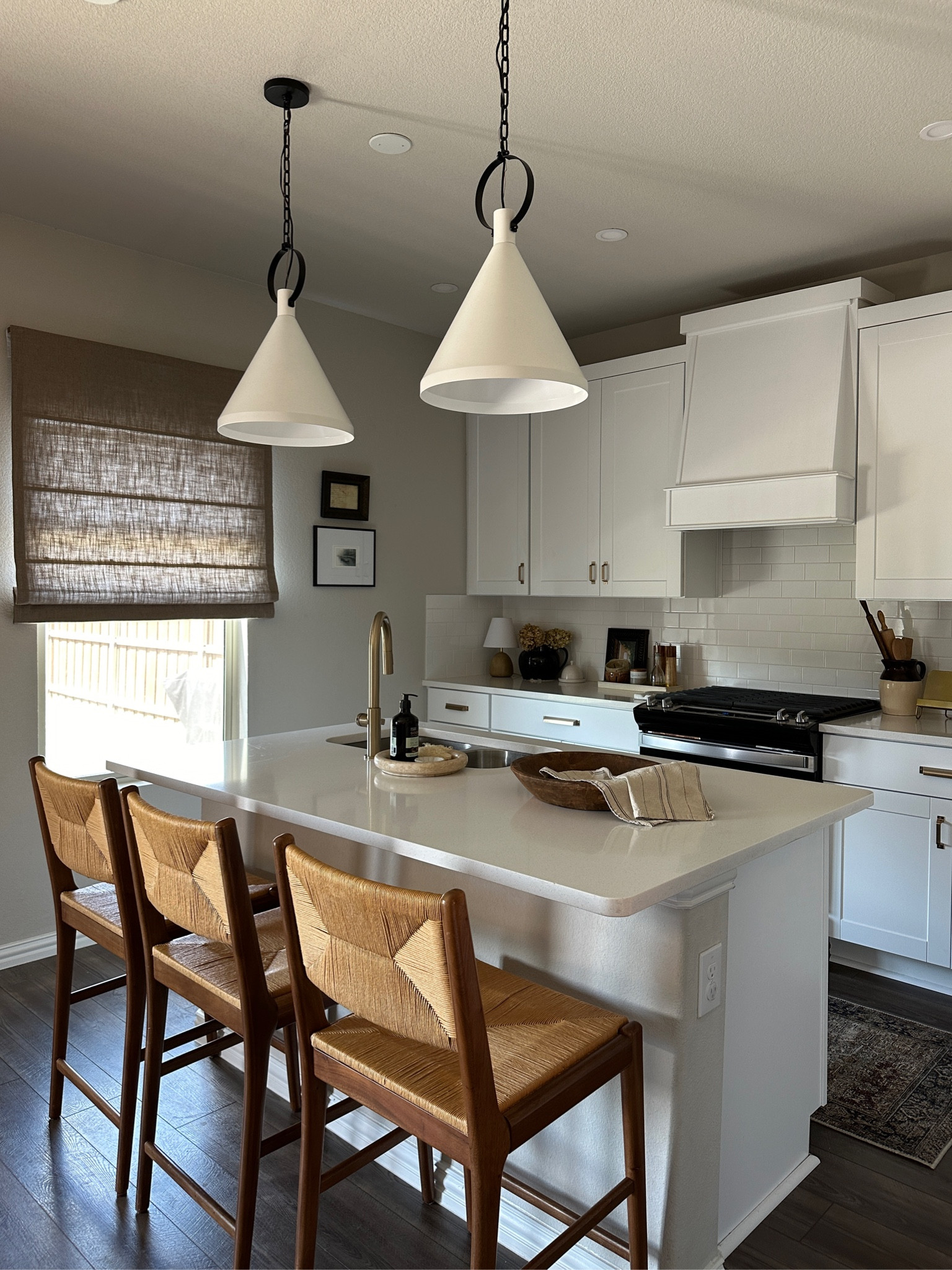 Kitchen, kitchen decor, kitchen lighting, kitchen pendants, Roman shade, linen Roman shade, barstools, counter stools, 

#LTKHome