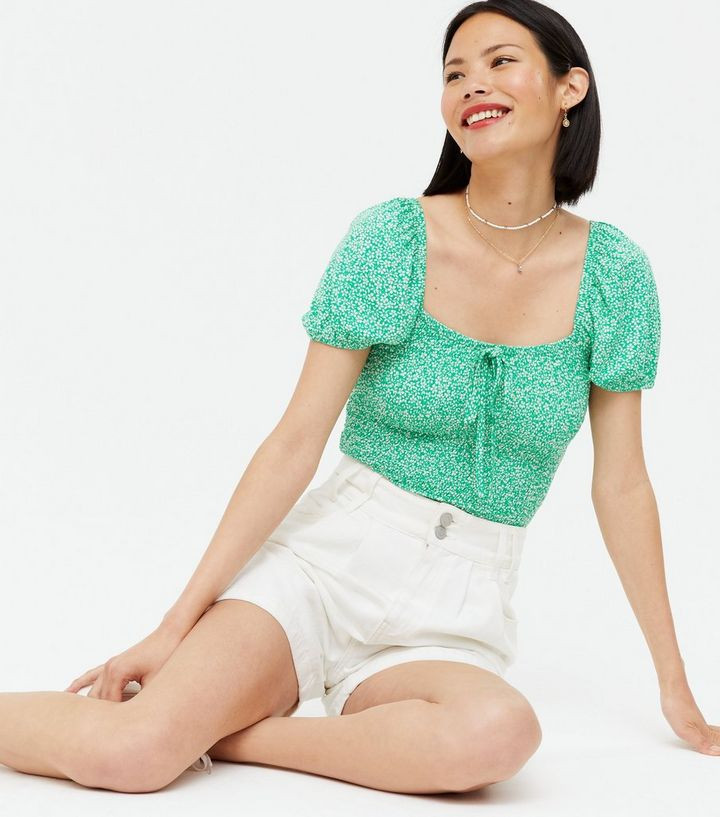 Green Ditsy Floral Square Neck Tie Front Top
						
						Add to Saved Items
						Remove from Sa... | New Look (UK)