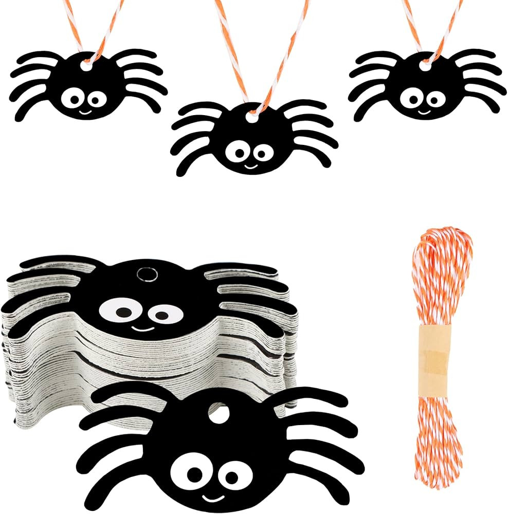 BEISHIDA 50PCS Halloween Tags, Halloween Spider Gift Wrap Paper Tags, Hanging Treat Ornaments Lab... | Amazon (US)