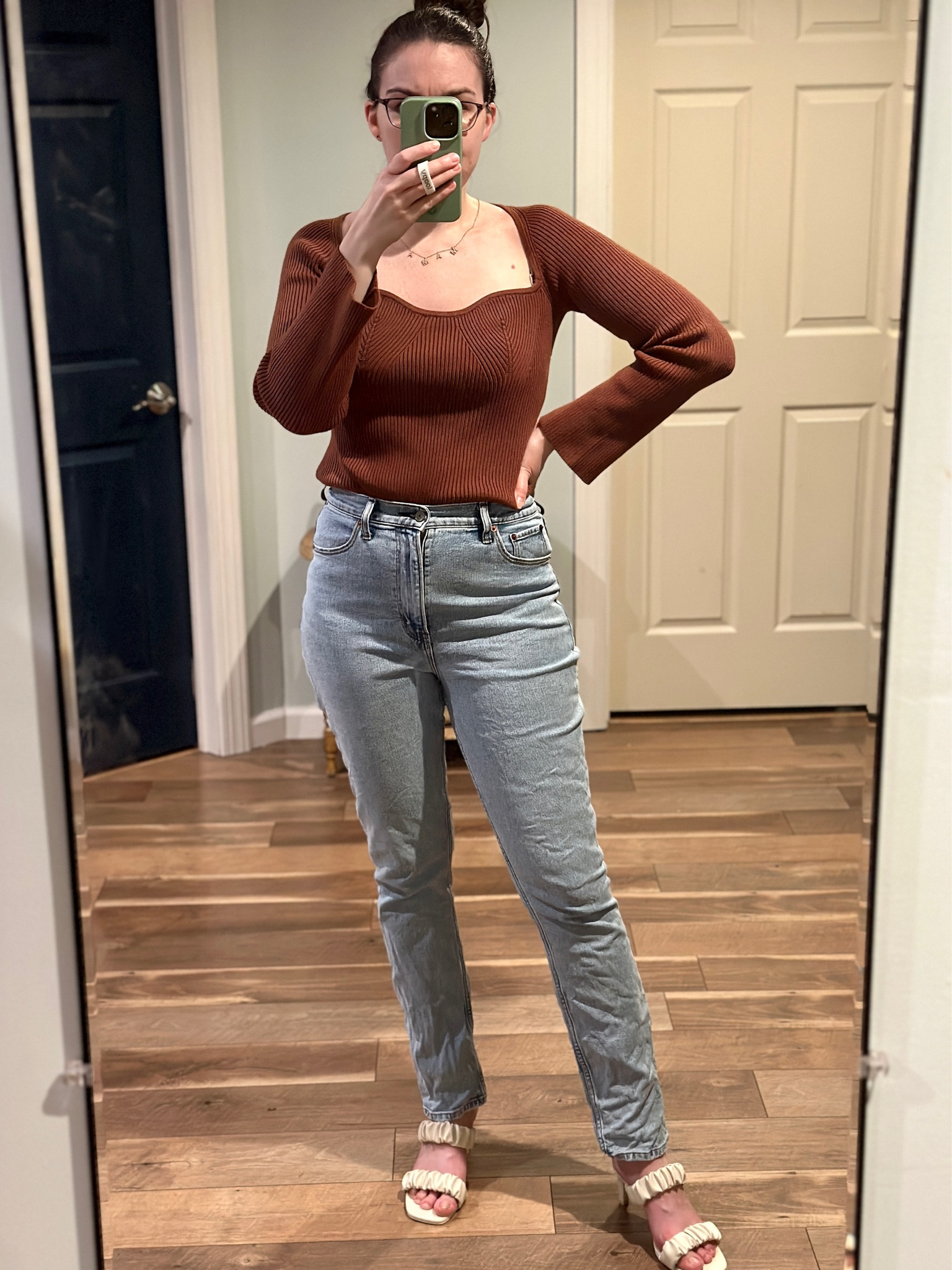 I don’t wear a lot of brown but I couldn’t resist this long sleeve top from Amazon. It has a unique neckline which shows off my adorable ‘Mama’ necklace (never too early to start thinking about Mother’s Day gift ideas!). Paired with my fave Abercrombie slim straight jeans and new heels, also from Abercrombie. A casual yet put together outfit. 



#LTKSale #LTKunder100 #LTKFind