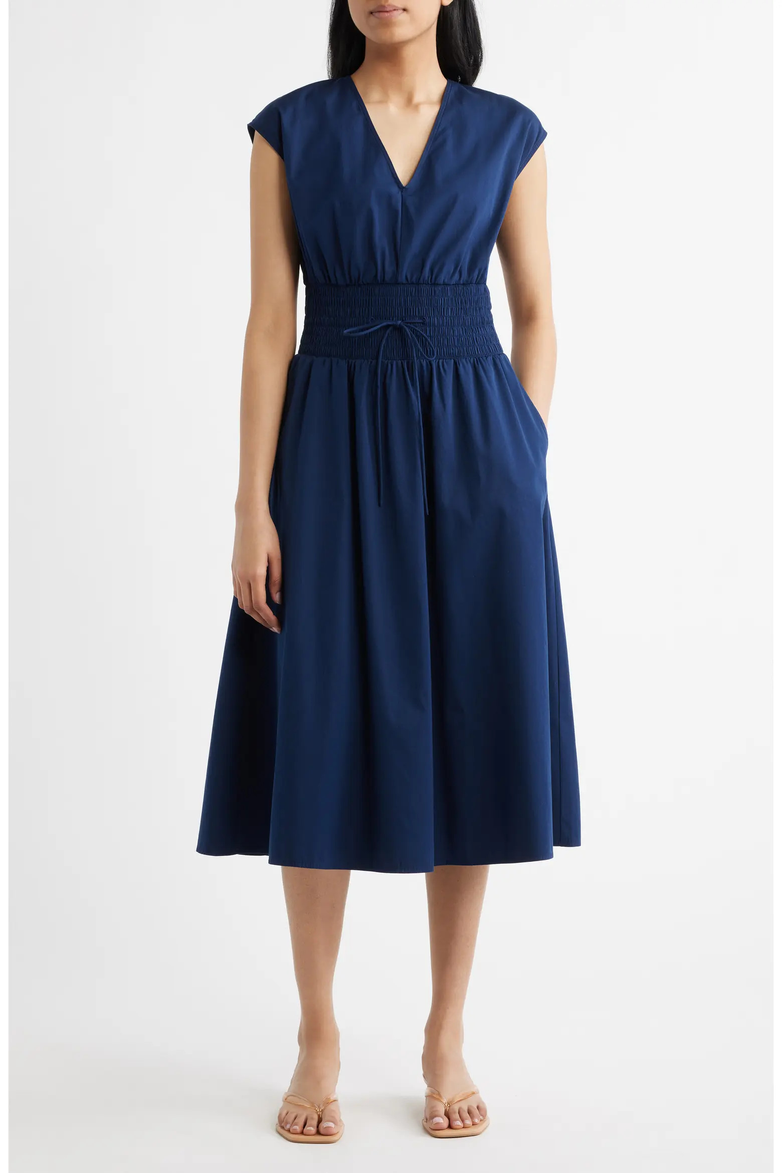 Smock Waist V-Neck Cotton Midi Dress (Women) | Nordstrom | Nordstrom