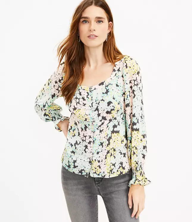 Garden Smocked Cuff Square Neck Blouse | LOFT
