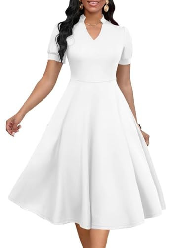 MarryUP White Dress Women Vintage Puff Sleeve V Neck Casual Semi-Formal Cocktail Party A-Line Swing Church Dress White L | Amazon (US)