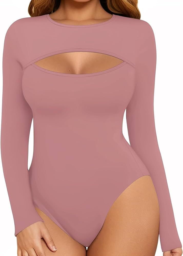 MANGOPOP Women's Cutout Front T Shirt Short Sleeve Sleeveless Long Sleeve Bodysuit Jumpsuits | Amazon (US)