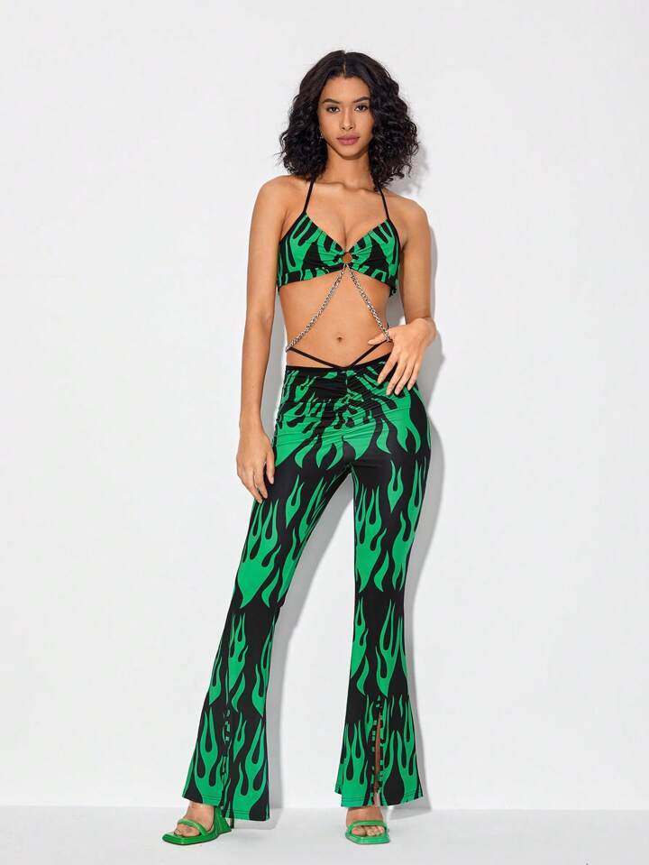 RAVE SCENE Fire Print Tie Backless Halter Top & Flare Leg Pants | SHEIN