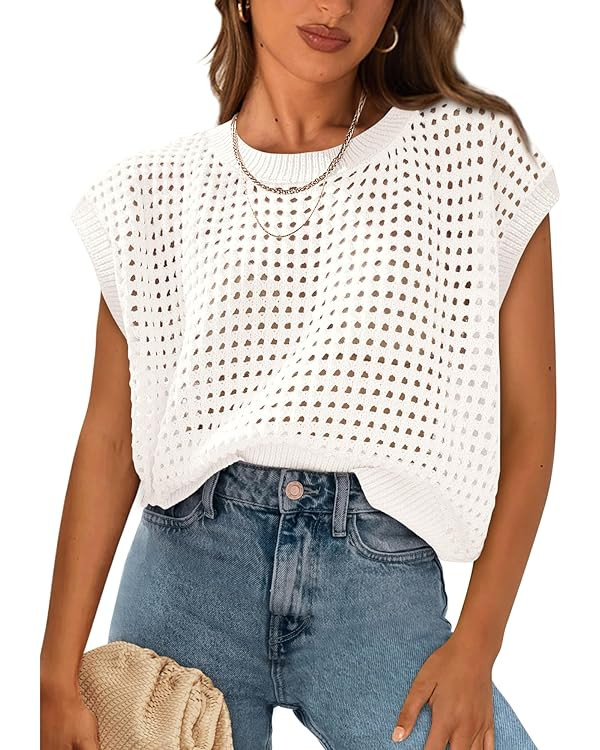 PRETTYGARDEN Womens Spring Tops 2025 Summer Shirts Crochet Cap Sleeve Sweater Pullover Cute Beach... | Amazon (US)