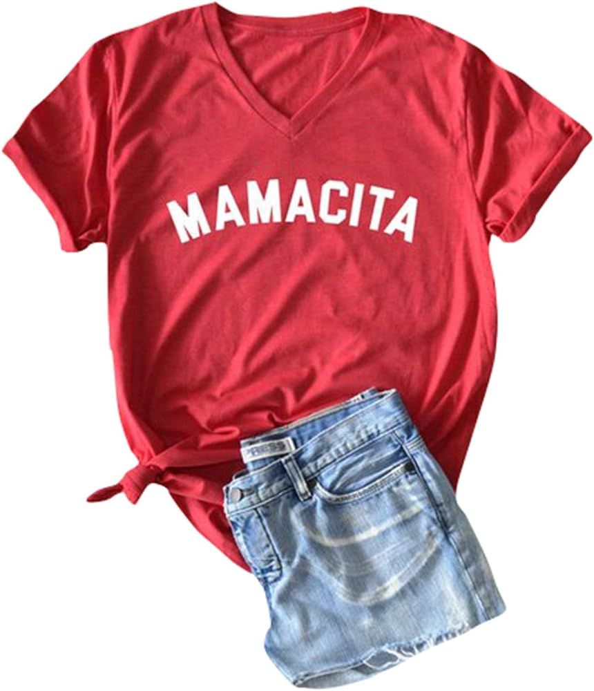 Mamacita Shirt Women Short Sleeve Letter Print Funny Tee V Neck Casual Tops Blouse | Amazon (US)