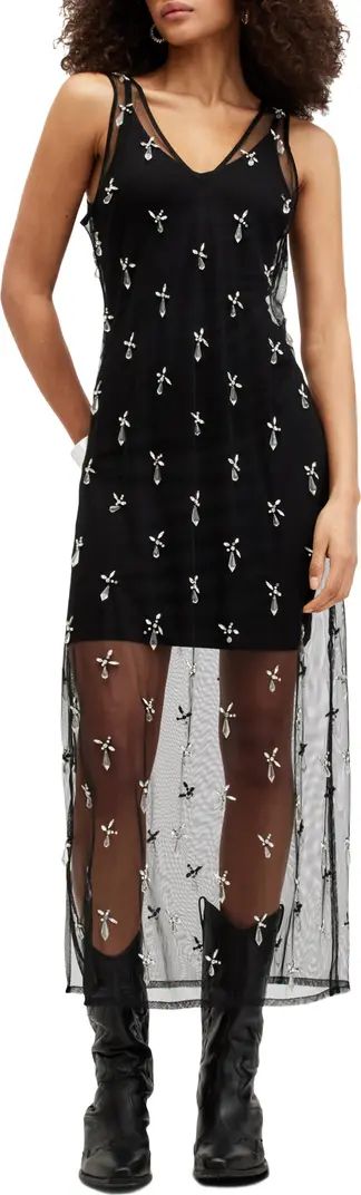 AllSaints Kai Crystal Mesh Sleeveless Dress | Black Sequin Dress | Black Party Dress | Nordstrom