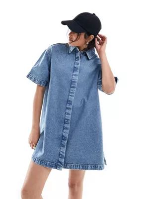 ASOS DESIGN short sleeve denim shirt dress in midwash blue | ASOS (Global)