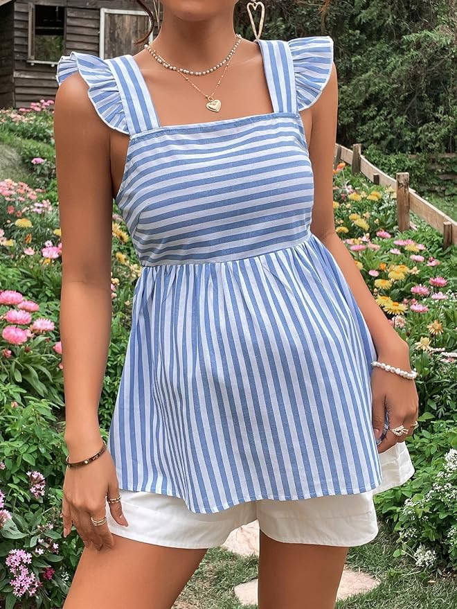 Floerns Women's Striped Print Boat Neck Tie Back Sleeveless Maternity Peplum Blouse Tops | Amazon (US)