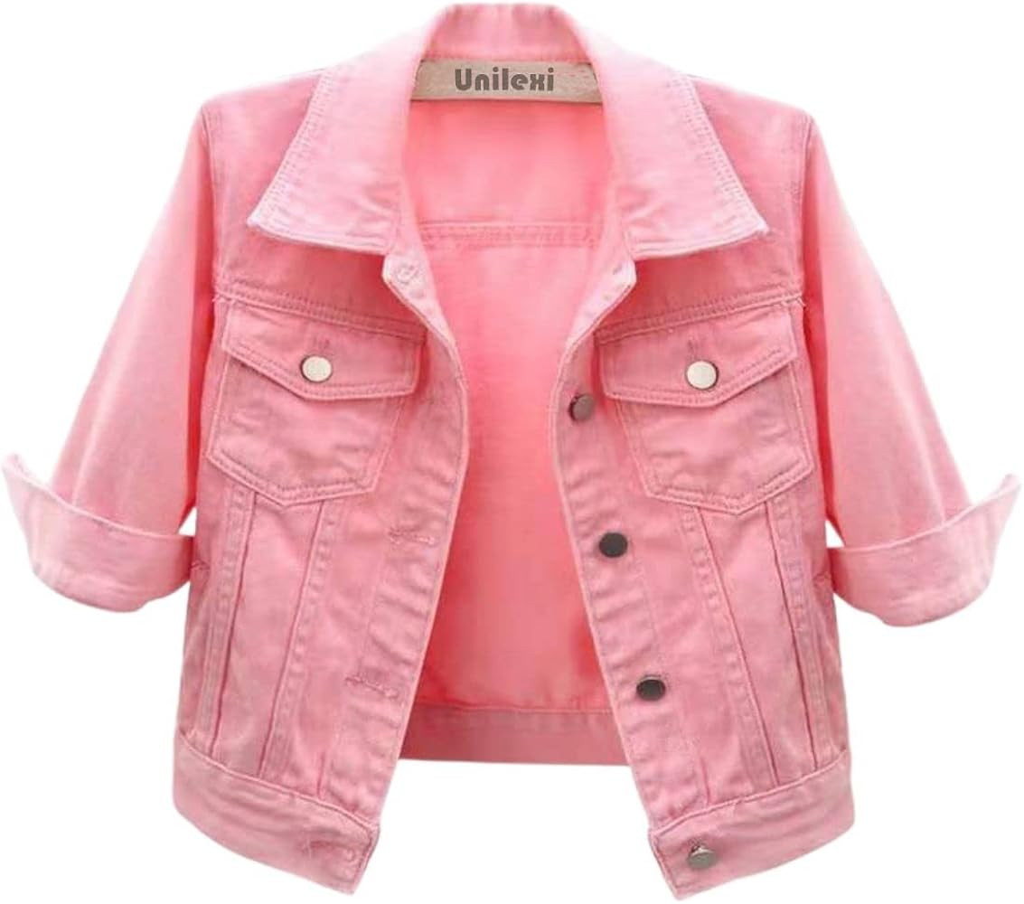 Unilexi Women's 3/4 Sleeve Colored Cropped Denim Jacket Light Wash Short Jean Jacket Trucker Coat | Amazon (US)