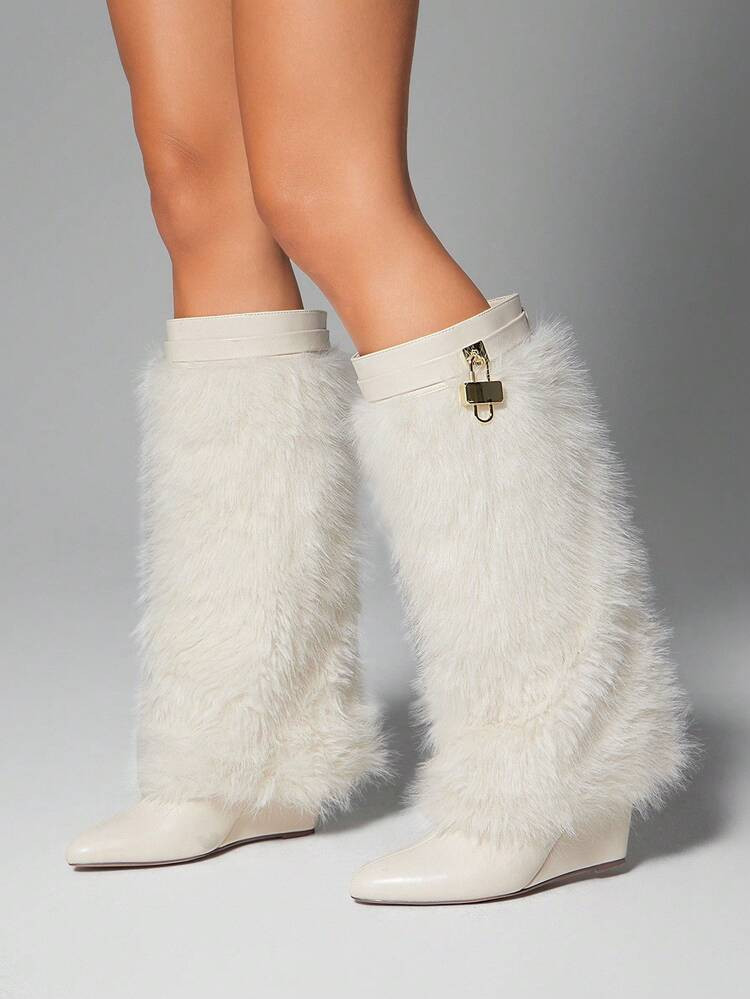 SHUZIA Glamoureuze Dames Modieuze Beige Kleur Gevouwen Motorlaars Pluizige Imitatiebont Verborgen Wig Puntneus Vakantie Vakantie
4.93
(1000+)
 | SHEIN