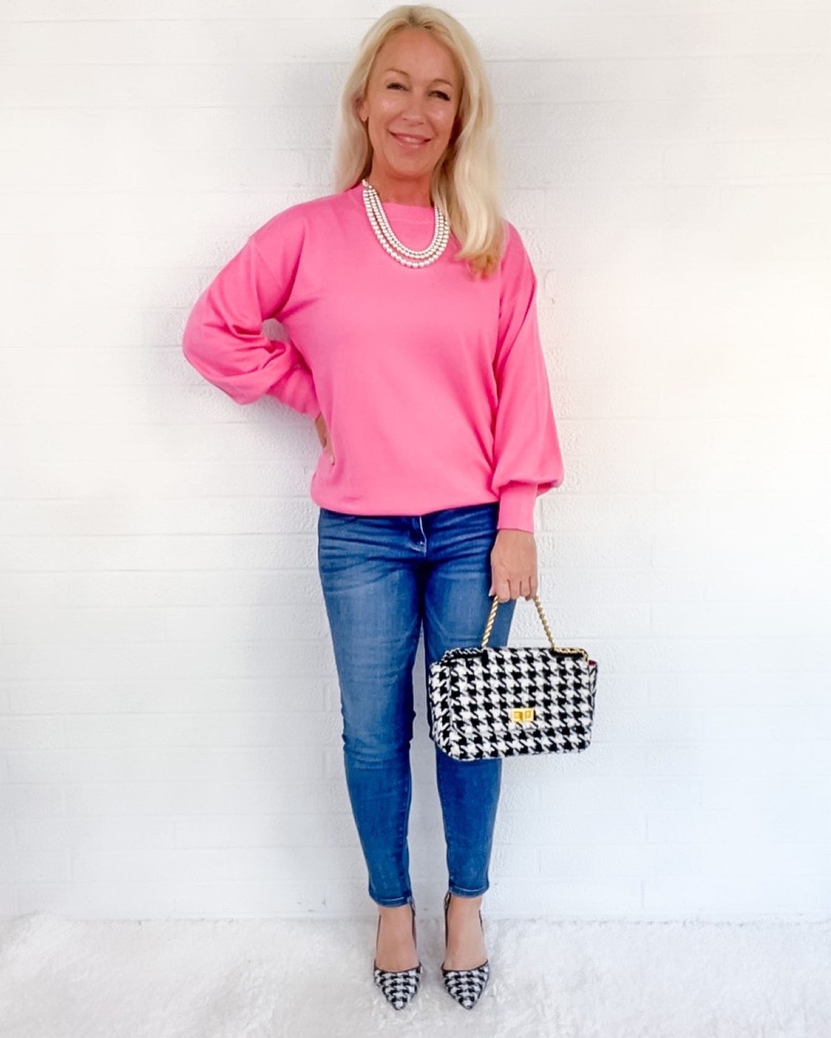 Night Out looks for Midlife Women! 5’1 4P:
- Bubblegum pink sweater S
- Skinny jeans
- 3-strand pearls
- Houndstooth shoes 30% off
- Houndstooth bag

#LTKunder50 #LTKSeasonal #LTKshoecrush