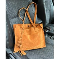Tan Suede Tote Bag, Shoulder Shopping Ginger Color Tote, Leather Tassel Purse, Woman Bag | Etsy (US)