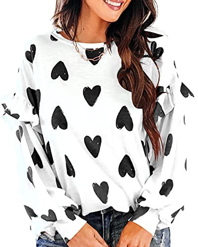 Ivay Women Valentines Day Shirts Love Heart Printed Cute Tops Crewneck Ruffle Long Sleeve Tshirts Graphic Tees | Amazon (US)