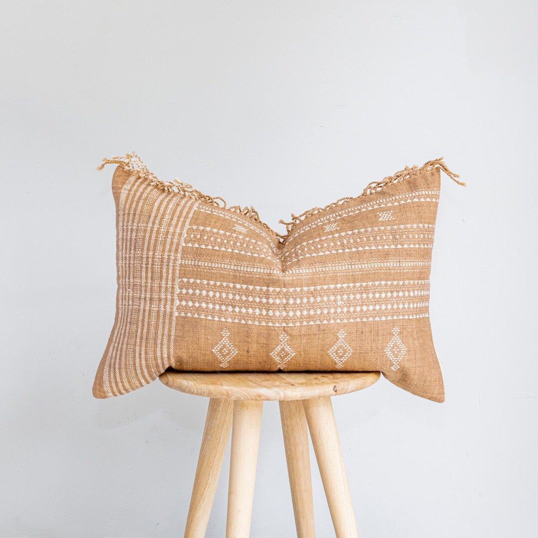 Brown Boho Bhuji Indian Lumbar Cushion Wool Rectangular - Etsy UK | Etsy (UK)