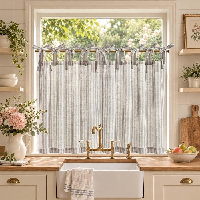 jinchan Striped Linen Kitchen Tier Curtains, 24 Inch, Taupe Grey, 2 Panels | Amazon (US)