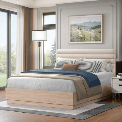 Queen Wood Bed Frame With Boucle Fabric Upholstered Headboard | Wayfair North America