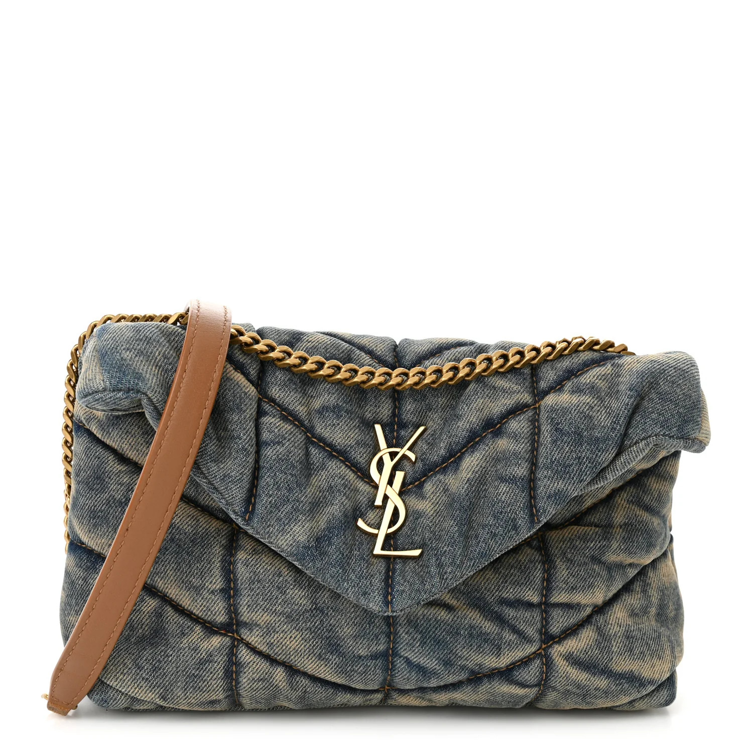 Saint Laurent Denim Quilted Toy Loulou Puffer Monogram Chain Satchel Blue Cinnamon | FASHIONPHILE (US)