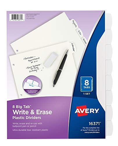 Avery Big Tab Write & Erase Durable Plastic Dividers for 3 Ring Binders, 8-Tab Set, White, 1 Set (16 | Amazon (US)