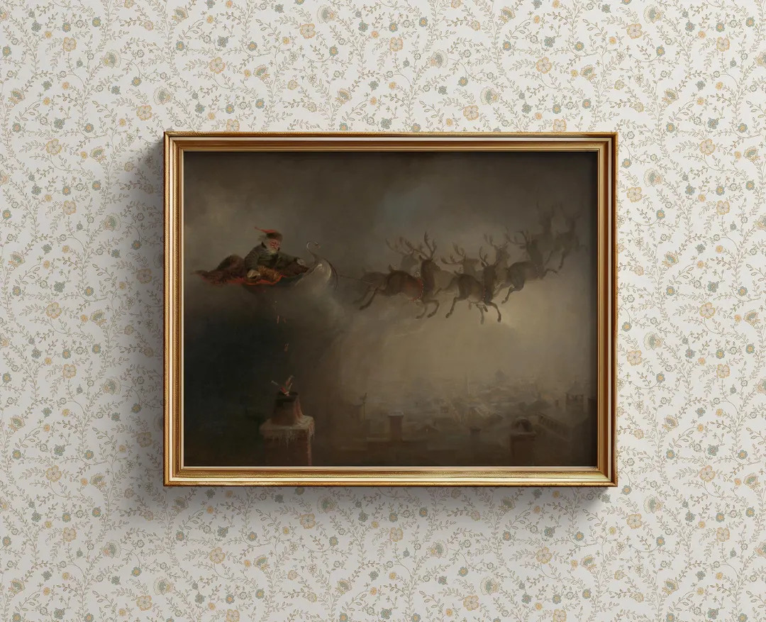 Vintage Christmas Oil Painting Santa Downloadable Print Cottage Core Decor Winter Wall Art Neutra... | Etsy (US)