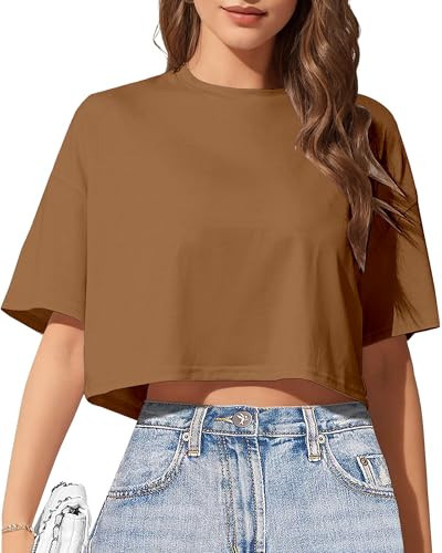 Women's Basics Crop Top Drop Shoulder T Shirt Half Sleeve Cropped Tee Crewneck Cropped T-Shirts Short Sleeve Crop Tops Casual Summer Solid Crop Tops A-Coffee | Amazon (US)