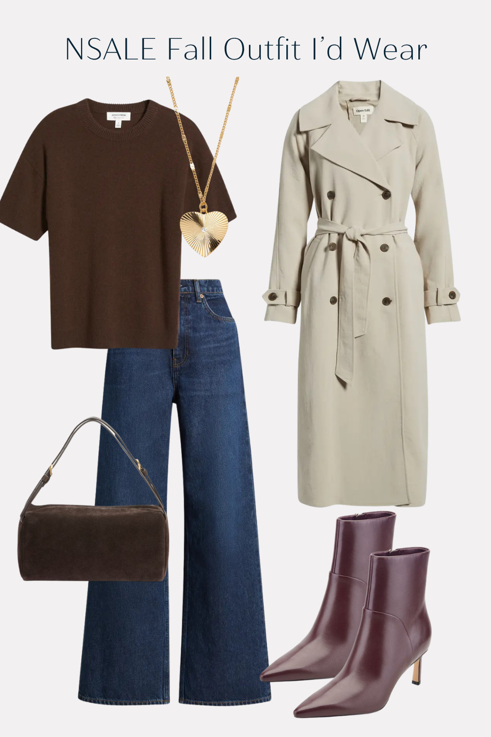 Nordstrom Anniversary Sale Fall outfit idea to try. Reformation jeans, sweater tee, heart necklace, trench coat, marc fisher booties and suede bag 

 #LTKgrwm #LTKootd #LTKSaleAlert