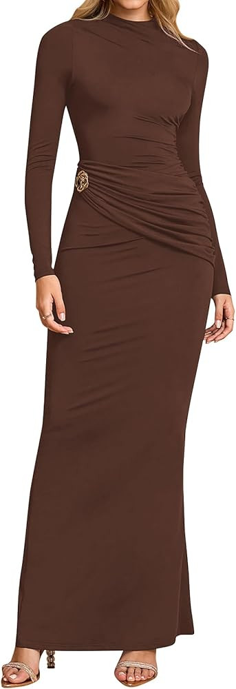 Women's Long Sleeve Ruched Bodycon Maxi Dress Fall Winter Formal Elegant Cocktail Party Dresses | Amazon (US)