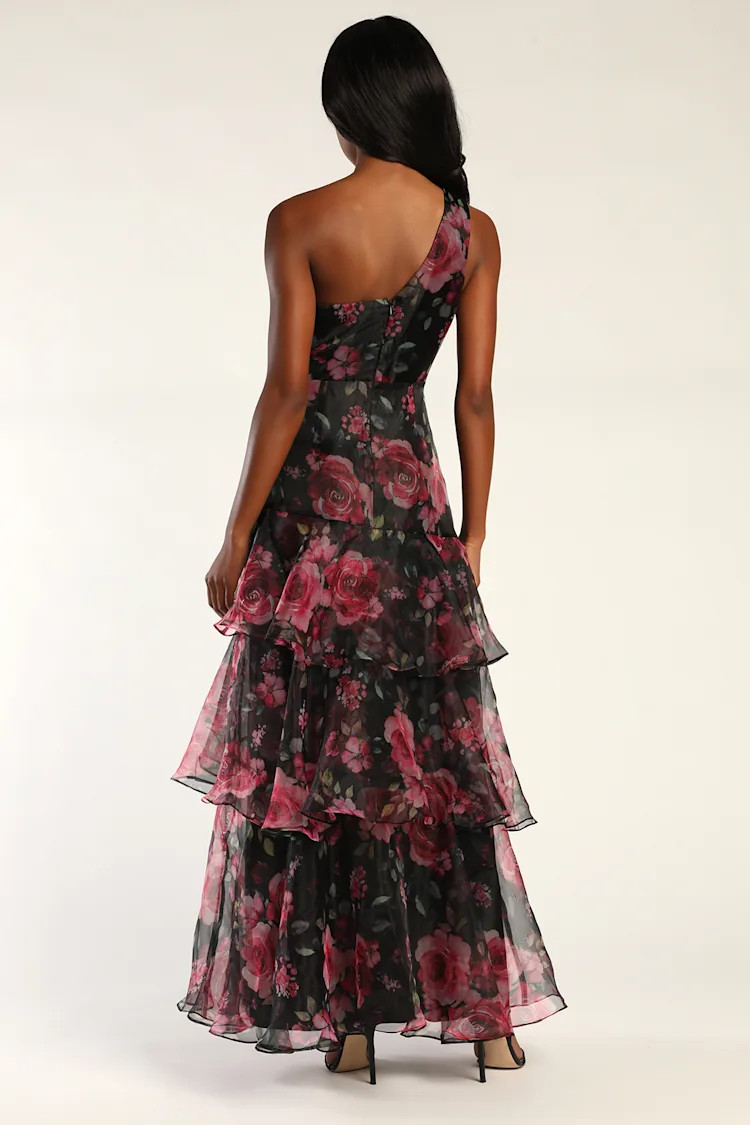 Regal Florals Black Floral Print Organza Tiered Maxi Dress | Lulus
