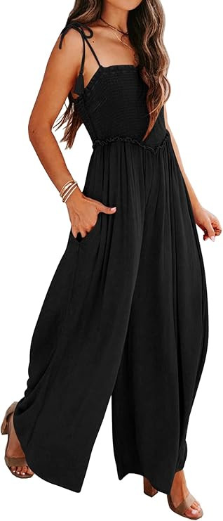 DEEP SELF Women's Summer Sleeveless Jumpsuits Spaghetti Strap Square Collar Smocked Wide Leg Jump... | Amazon (US)