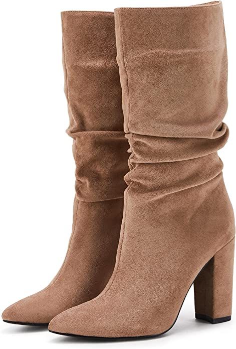 Amazon.com | Womens Winter Slouchy High Heel Boots Mid Calf Suede Slip on Chunky Block Pointed To... | Amazon (US)
