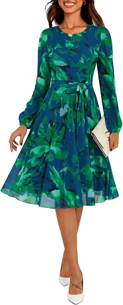 Zattcas Women's 2026 Spring Mesh Long Sleeve Floral Midi Dress Crew Neck A Line Flowy Cocktail Pa... | Amazon (US)