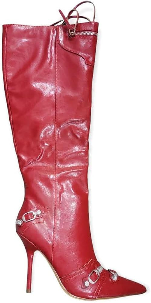 Liliana Womem Knee High Boots Pointed Toe Stiletto Heels Side Zipper Rivets Tassels Boots Bexie-3 | Amazon (US)
