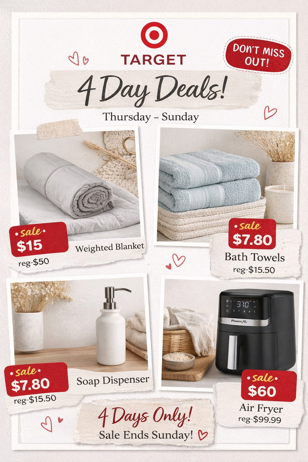 🚨 Target 4 Day Deals are LIVE!
These prices are actually insane… $15 weighted blanket, $7.80 towels & more 🤯

If it’s on your list, grab it NOW because these end Sunday 👀
The good stuff always sells out first.

#TargetDeals #4DayDeals #TargetFinds #HomeDeals #PinterestFinds

 

#LTKU #LTKHome