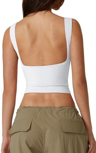 QINSEN Women's Sexy Open Back Sleeveless Crop Tank High Neck Slim Fit Cropped Tee Shirt Y2k Tops | Amazon (US)