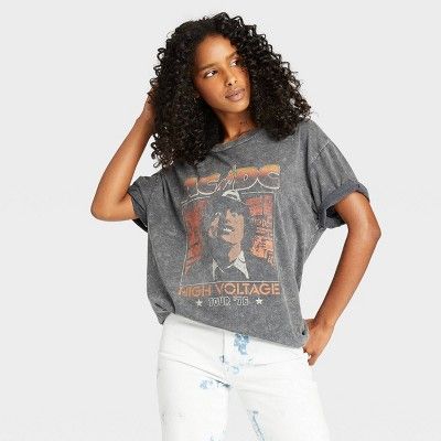 Women's AC/DC World Tour Short Sleeve Oversized Graphic T-Shirt - Charcoal Gray | Target