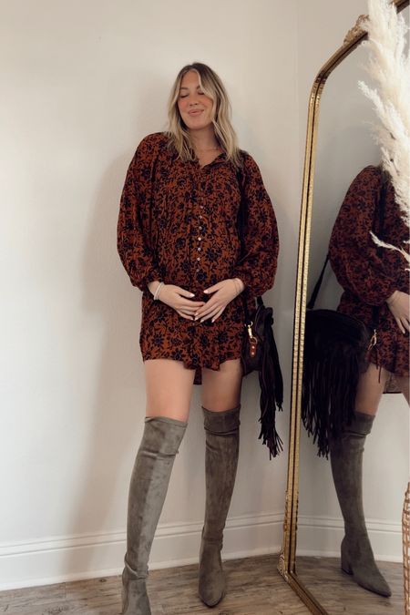 I’m wearing a large in the dress + 8.5 in the over the knee suede boots 