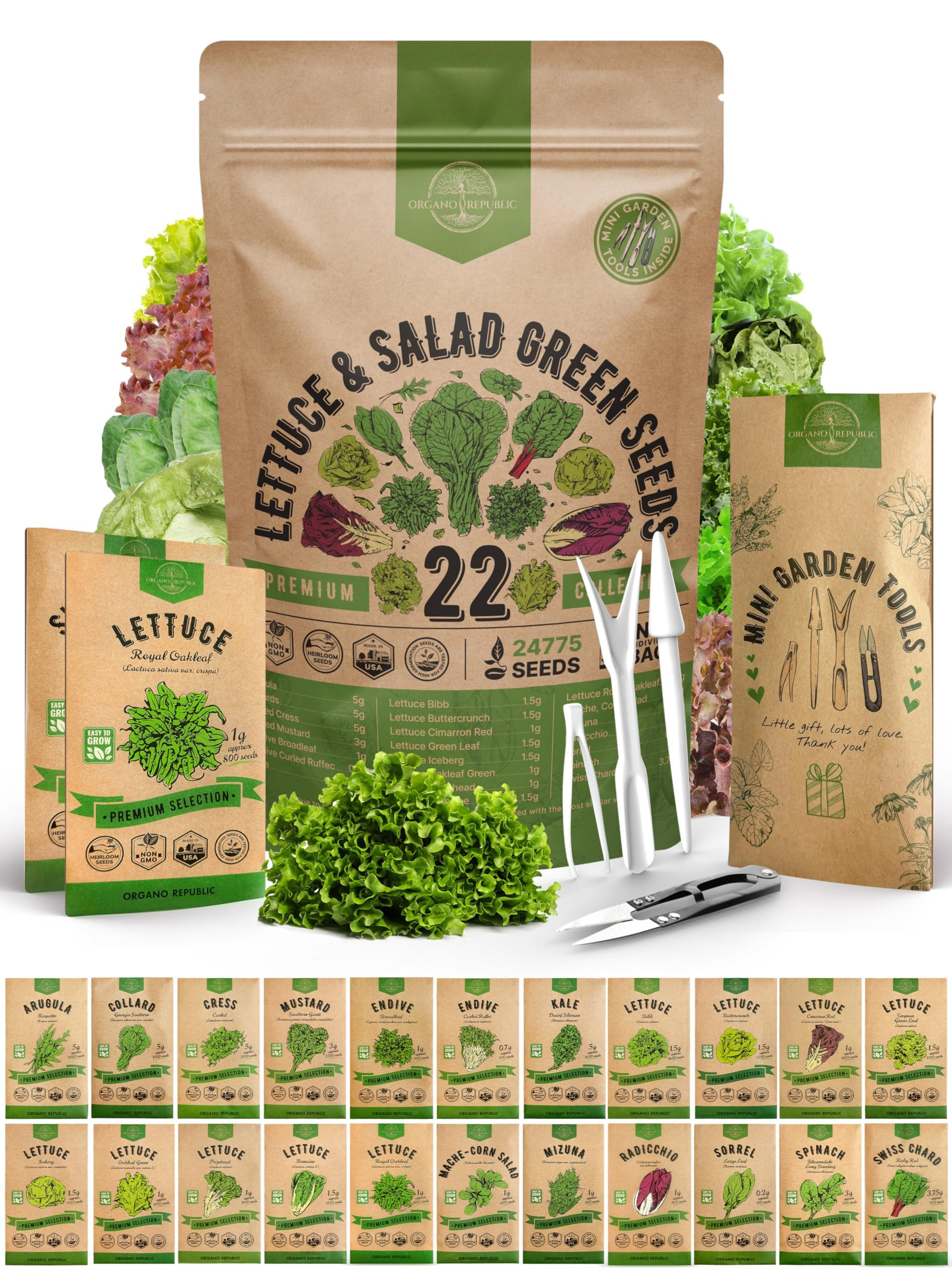 Organo Republic 22 Lettuce & Salad Greens Seeds Variety Pack 24,700+ Non-GMO Heirloom Lettuce See... | Amazon (US)